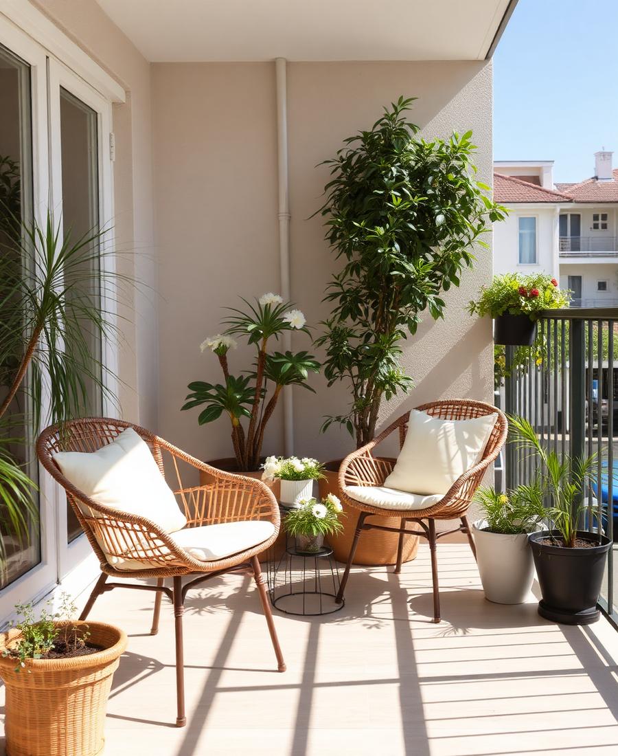 Sunlit balcony with cane chairs and plants — Go GenZ Stays girls PG